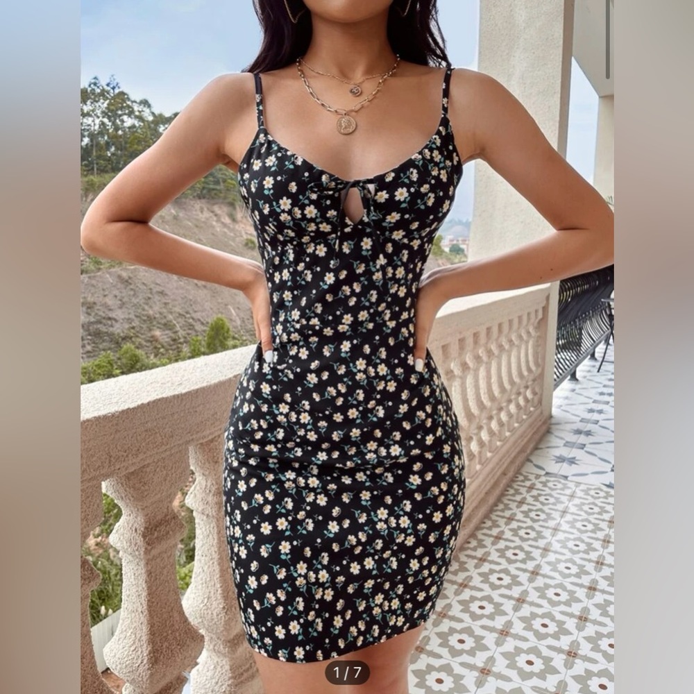 Shein Black Boho Floral Dress in size Medium